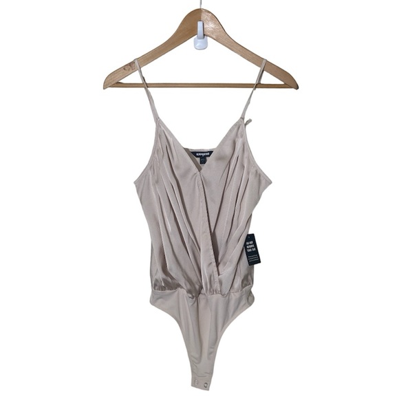 [Express] Faux Wrap Satin Pleated Bodysuit - Picture 4 of 5